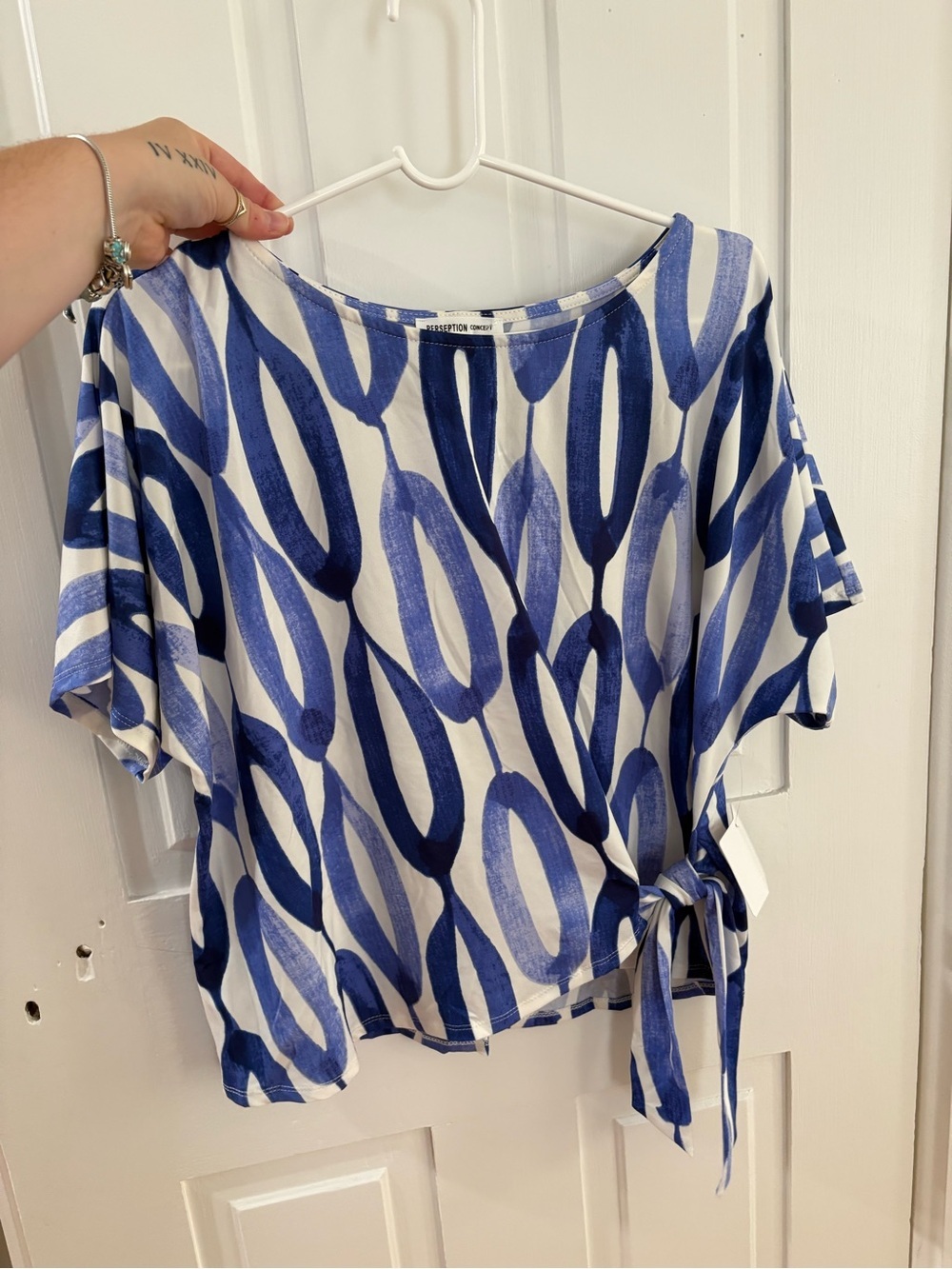 PerSeption Concept Blue & White Loop-Print Tie Side Blouse